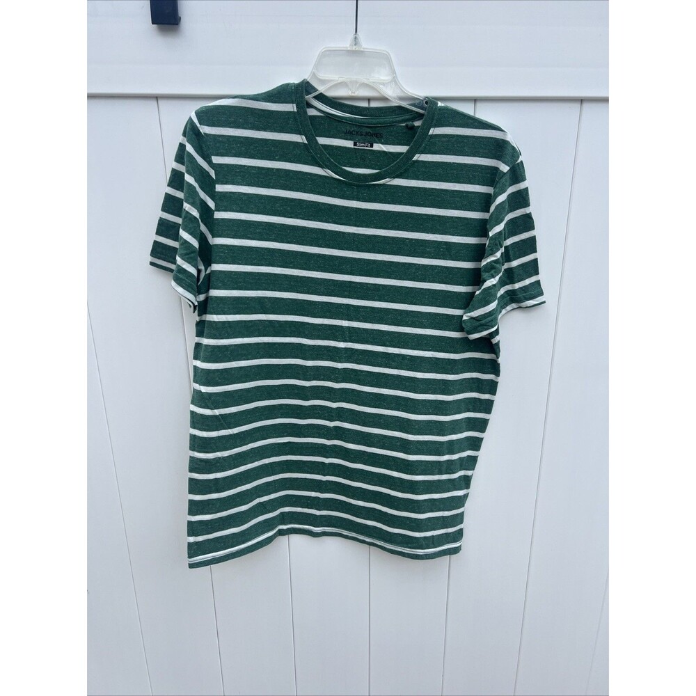Jack & Jones Men's Slim Fit Green White Striped T-Shirt Size XL